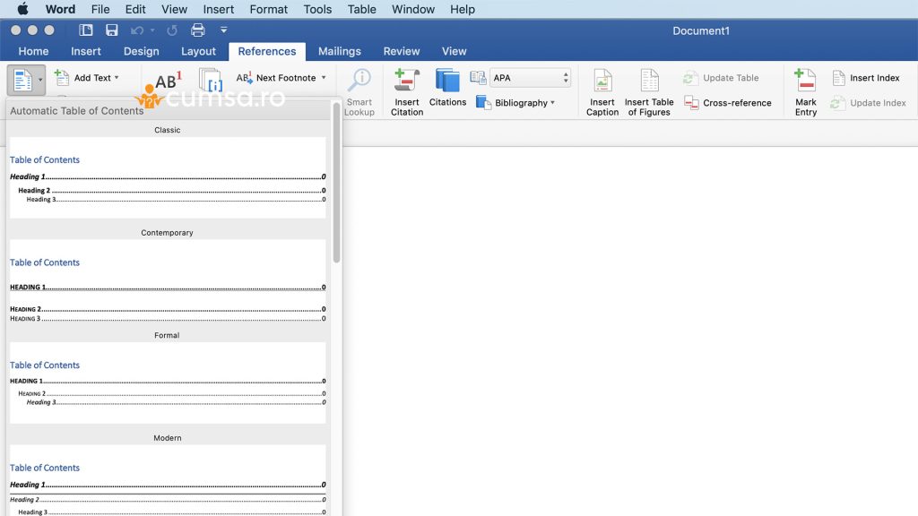 Cuprins in Word