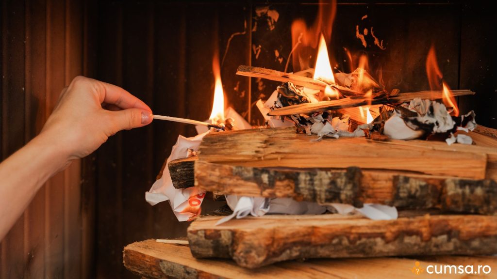 Aprinderea focului in semineu